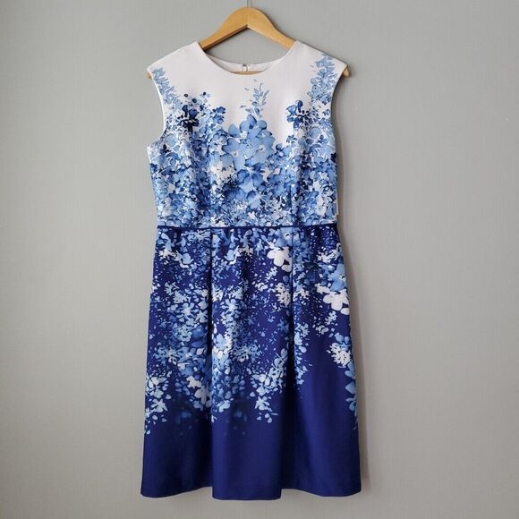 Dress Barn Blue White Floral Sleeveless A Line Knee Length Dress Womens 10 - Picture 1 of 9